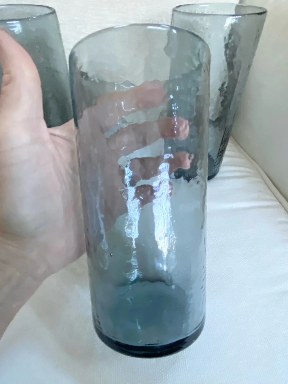 Set of 4 Handblown Smoky Gray Hammered Glass Tumbler Glasses Pottery Barn ?